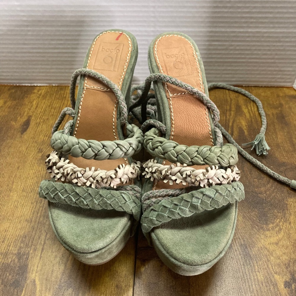 Bacio 61 Women Olive Green Suede Braided Lace Up Wedge Platform Heels Sandal 6.5 - Picture 2 of 8